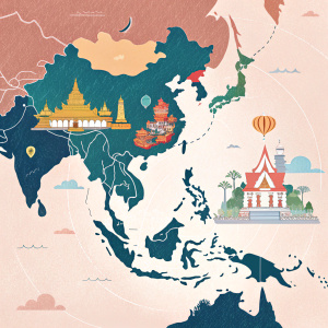 Interactive map of Asia highlighting Thailand. Soft, pastel background.