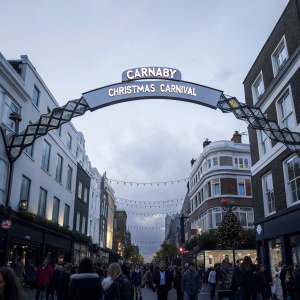 A bustling evening scene at the Carnaby Christmas Carnival in a vibrant European city. The streets are lined with colorful Christmas lights and festive decorations. At the heart of the carnival stands a large, illuminated archway adorned with the event's name and twinkling lights. A dense crowd of diverse people, celebrating and enjoying the festive atmosphere.