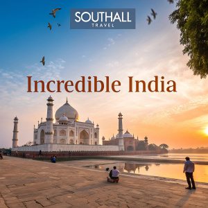 Southall Travel's homepage showcases diverse India travel packages including adventure, luxury, and beach tours. Headline reads 'Incredible India'. Contact number displayed prominently.