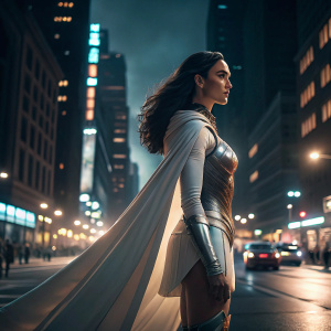 Gal Gadot as Wonder Woman, standing tall on a bustling city street at night. She wears a white outfit, cape flowing behind her. Bright city lights illuminate the scene.