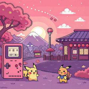 Retro pixel art depicting a vibrant scene from the Pokemon universe. Predominantly pink and purple hues, featuring cute, cartoonish characters and distinctive pixelated structures.