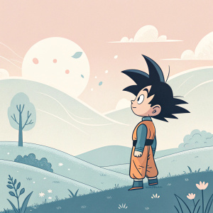 Goku from Dragon Ball Z in a serene landscape. Soft pastel colors, minimalistic style. Gentle expression