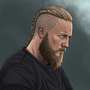 Digital illustration of Ragnar Lothbrok. Muscular build, prominent beard, braided hairstyle. Stern and focused facial expression. Dark-colored shirt. Dark, muted grey background. Detailed and graphic style, emphasizing facial features.