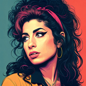 Digital artwork showcasing Amy Winehouse. Bright, vibrant colors. Thick outlines. Bold, striking expression.