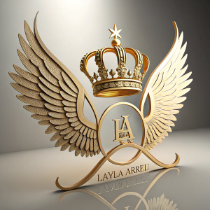 A 3D render of Layla Abreu logo featuring a gold crown flanked by angel wings, symbolizing the brand's noble essence.