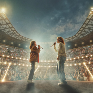 Ariana Grande and Miley Cyrus performing a duet on a stadium stage. Crowded arena with fans holding light sticks