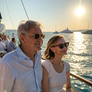 Harrison Ford and Calista Flockhart, dressed casually, enjoying a yacht cruise. Bright sun, sparkling sea, other yachts and people visible in the background.