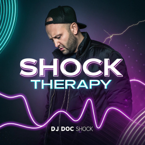 Promotional graphic for 'Shock Therapy' with DJ Doc Shock. Dark neon background with swirling patterns