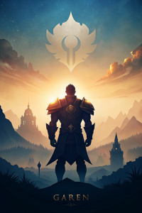 minimalist art, league of legends, Garen silhouette, reign background, wide angle, poster