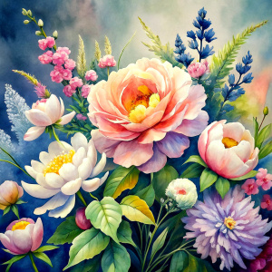 watercolor image ,Pink white Peonies Snowdrops, lobelia, canna,salvia , carnation, Common Crape Myrtle., Ranunculus viburnum, wax flower, dandelion, geranium , watercolor , watercolor , artichoke ,aster,pansy,poppy ,lavender,anemone ,oleander , succulent,pansy,lilac