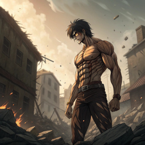 Eren Yeager, a key figure from Attack on Titan, standing in the aftermath of battle. Muscular build, fierce look, surrounded by destruction