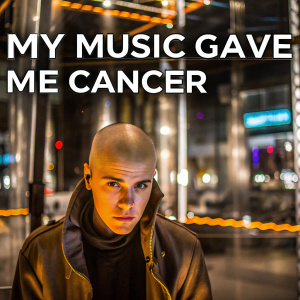 Justin Bieber, bald, intense stare, brown jacket. Meme style photo with text overlay 'MY MUSIC GAVE ME CANCER'. Blurred stage background with shimmering effects.