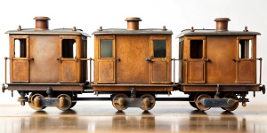 front side old three mini 4bogy train steel old, real photo, natural brown, 