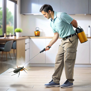 Hombre fumigando en una cucaracha