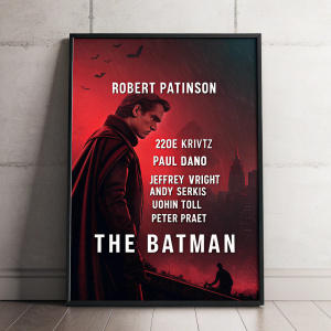 Dramatic movie poster for 'The Batman'. Dominant red color scheme. Batman silhouette, Robert Pattinson, Zoë Kravitz, Paul Dano, Jeffrey Wright, Andy Serkis, John Toll, Peter Praet.