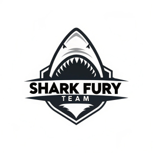 A fierce logo for the Shark Fury Team. The logo showcases a menacing shark's mouth with jagged teeth in bold black, set against a crisp white backdrop. Below the shark's mouth, 'Shark Fury Team' is written in a sleek, modern font.
