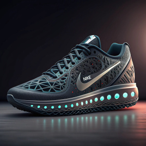 A sleek, modern 3D render of a futuristic Nike shoe. The shoe features detailed, intricate patterns and a bold Nike logo. Set against a dark, moody background.