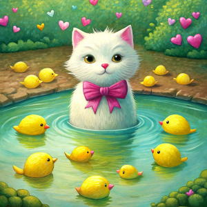 one white cat with pink bow tie on the pond with three yellow duck