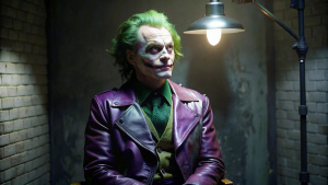 green hair purple leather jacket tearing joker Sitting under the interrogation light










