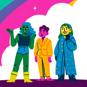 Diverse cartoon characters in an animated scene. Each character with unique poses and expressions. Gradient background of pastel colors. Soft ethereal style