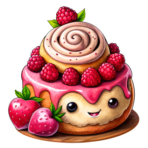 cinnamon bun character white character with raspberries white background