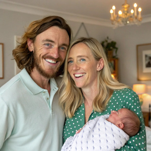 Tommy Fleetwood, his partner Clare Craig, and their newborn baby Franklin at a cozy home setting. Cheerful and joyful expressions