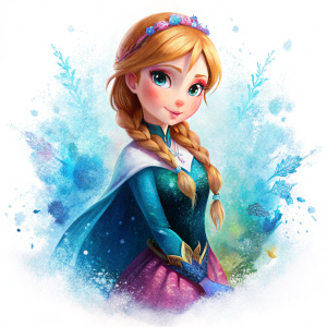 cute princess anna clipart, illustration, frozen, with flowers, splash style, transparent, white background, high quality