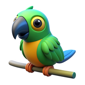 A cute parrot on a white background is sitting on a branch