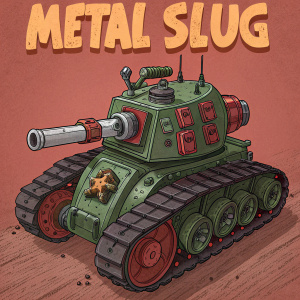 Digital art of a green and red armored vehicle from the Metal Slug series. Fiery orange text 'Metal Slug' at the top. The illustration is set against a fiery red background, showcasing the vehicle's robust design and numerous features.