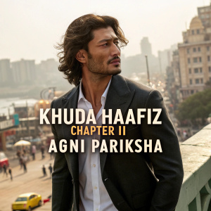 Vidyut Jamwal, in promotional attire for 'Khuda Haafiz Chapter II Agni Pariksha', stands against a bustling cityscape backdrop. The actor exudes seriousness and focus, his dark blazer and white shirt complementing his long, wavy hair and stubble-covered jaw.