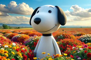 personaje: snoopy, entorno: campo con flores, 64k, UHD, HDR, ((high quality)), masterpiece, ((intricate details)), (cover: 1.5)