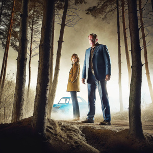 Diana Skouris and Tom Baldwin from The 4400 in a tense outdoor scene. Tom in a dark blue suit, Diana in a brown jacket, both amidst a forest setting with a car visible in the background.