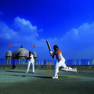 Vibrant promotional poster for Dream11 featuring a cricket match scene. Team Baroda in action, colorful backdrop representing Gujarat.