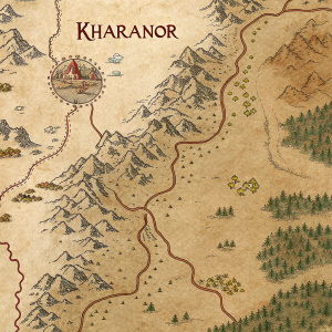 Fantasy map of Kharanor, showcasing detailed terrain and paths. Textured and rustic style, with various locations labeled.