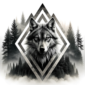 valknut runes pattern geometric symbols - wolf and trees - tattoo design - perfect realistic art - high-definition - grey and black - white background 