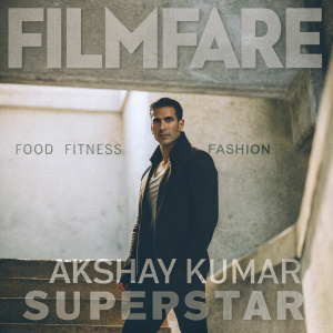 Filmfare magazine cover with Akshay Kumar. Dark, moody background. Headlines on food, fitness, fashion. Superstar feature included.