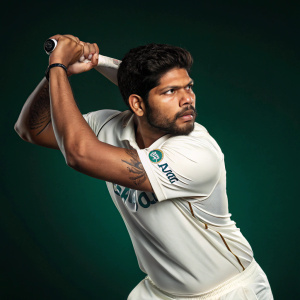 Umesh Yadav, cricket player, posing for an action shot. White jersey with team logo. Dark green background, professional sports studio