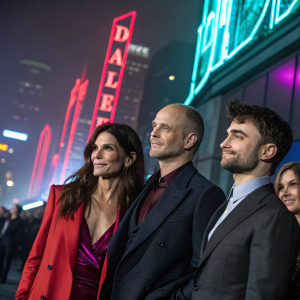 Sandra Bullock, Brian Robbins, Liza Chasin, and Daniel Radcliffe at the premiere event. Neon lit cityscape background, dark and mysterious vibe.