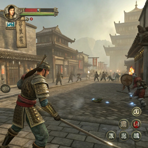 Screenshot from Dynasty Warriors 6: Warrior amidst battlefield. Surrounded by enemies on ancient cobblestone street. Character portrait and game elements included.