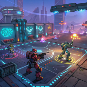 Dynamic artwork for HyperStrike GO featuring a colorful, high-tech battlefield. Robot warriors and game elements integrated into the scene.