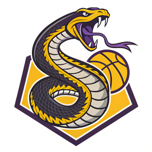 Logo design inspired by Kobe Bryant. Coiled black mamba snake in dynamic pose. Colors include yellow, black, gray, and purple on a plain background.