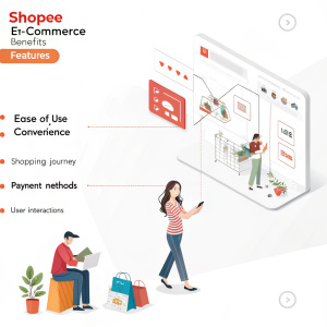 Shopee's homepage showcases the platform's e-commerce capabilities. Listed benefits and features highlighted through bullet points. Interactive diagram detailing shopping journey, payment methods, user interactions. Clean, modern design emphasizing user experience.