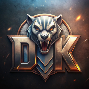 Cinematic 3D icon for use as a brand logo, the text "DK" is located at the bottom of the logo, high detail, rendering 8k, 4k, badger honey badger theme,fangs,claws