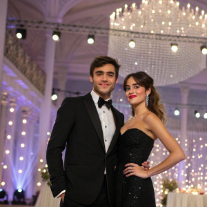 High-definition image of Jorge Blanco and Martina Stoessel at a glamorous awards ceremony. The backdrop features a sparkling, intricate design.