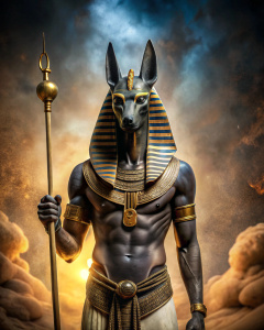 A realistic image of Anobis, the god of death in Egyptian mythology, with his staff in his hand, depicted with Egyptian motifs