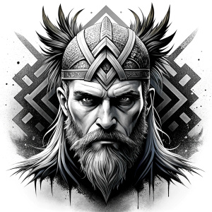 walhalla, viking warrior,  runics face, black work, white backrounds