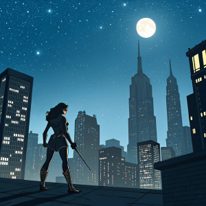 Wonder Woman standing on a Gotham city rooftop. Dark night scene, tall skyscrapers, bright moonlight
