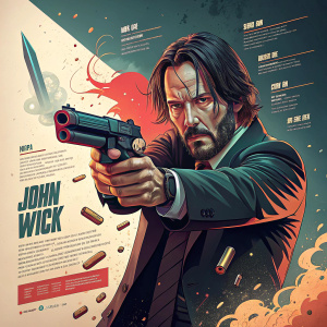 Infographic-style poster for John Wick. Features the protagonist with his iconic weapons. Dynamic and visually appealing design