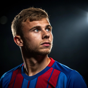 Max Meyer, a soccer star, intense focus. Light stubble, short hair. Striped jersey, blue and red. Dark background, spotlight on