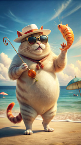 Um impressionante  um gatinho gordinho ANAMORFICO  alegre, exalando luxo. ele está dançando de lado  na água do no mar e o  gato segura UM espetinho de camarão  em uma das mãos, usando óculos escuros e um chapéu de praia,  fica próximo a uma praia pitoresca. Ao fundo, as pessoas passeiam pela costa, com um céu ligeiramente nublado, mas ensolarado. 